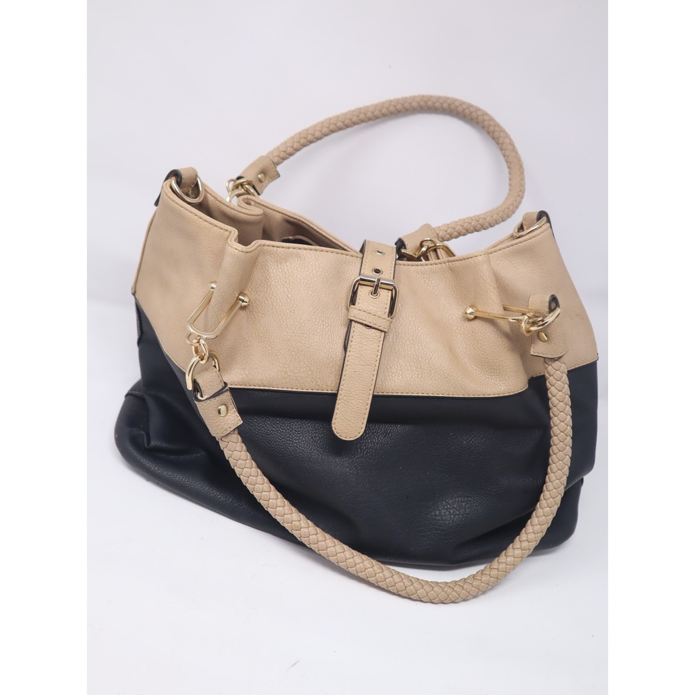 *FLAWED* Black Tan Hobo Bag Large Black Rivet Braided Strap Faux Leather Neutral